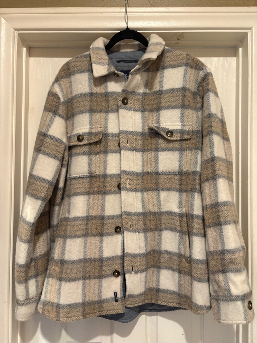 Façonnable FM301649 Men’s XL Checked Wool Alpaca Overshirt Jacket Beige Plaid